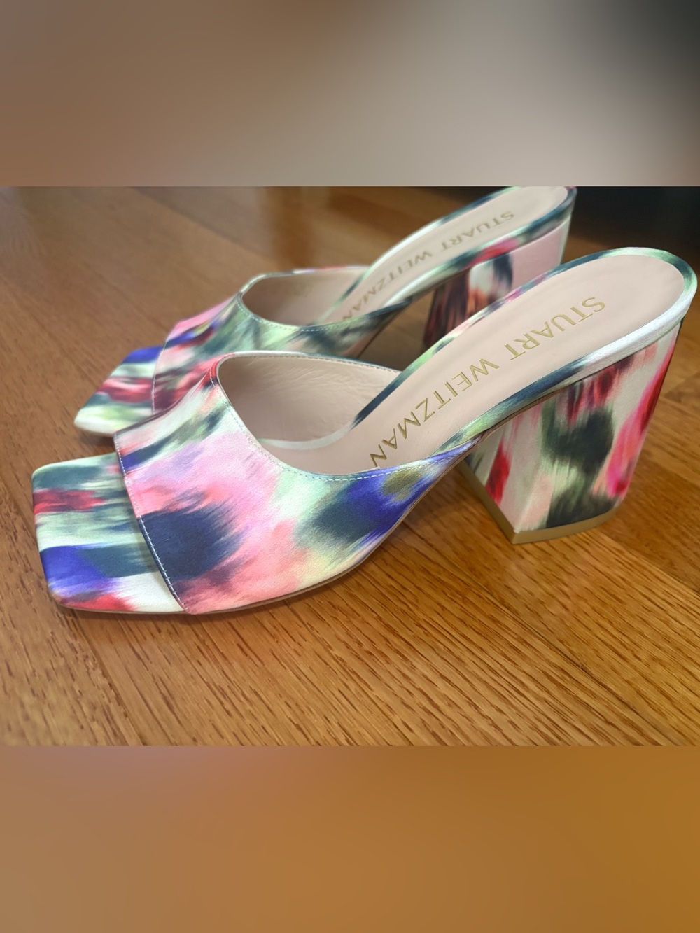 Stuart Weitzman Multicolor Satin Open-Toe Block Heel Mules - Pink, Blue, Green